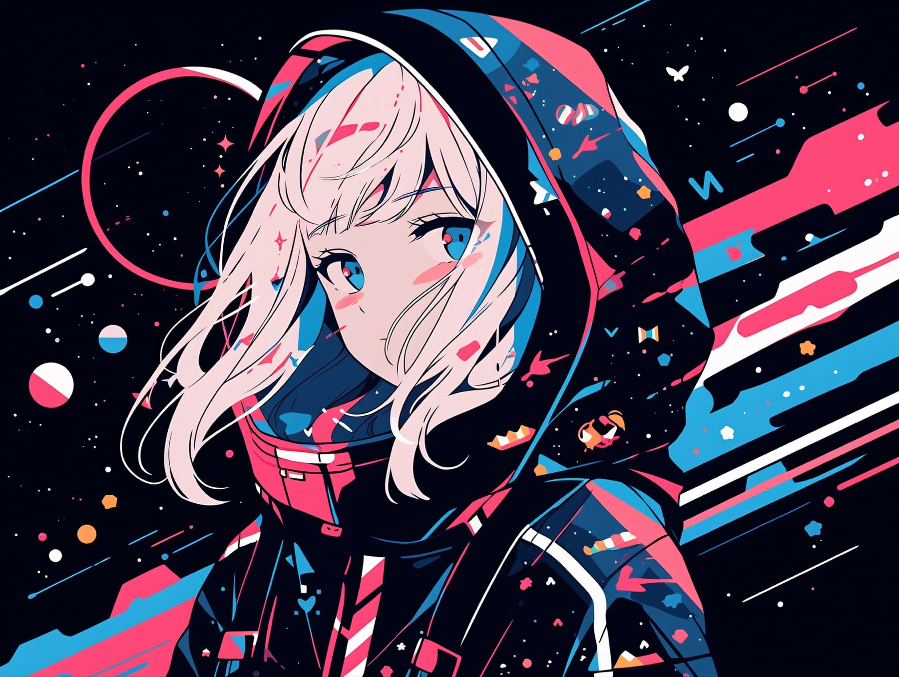 宇宙を背景にパーカーを着た少女のイラスト